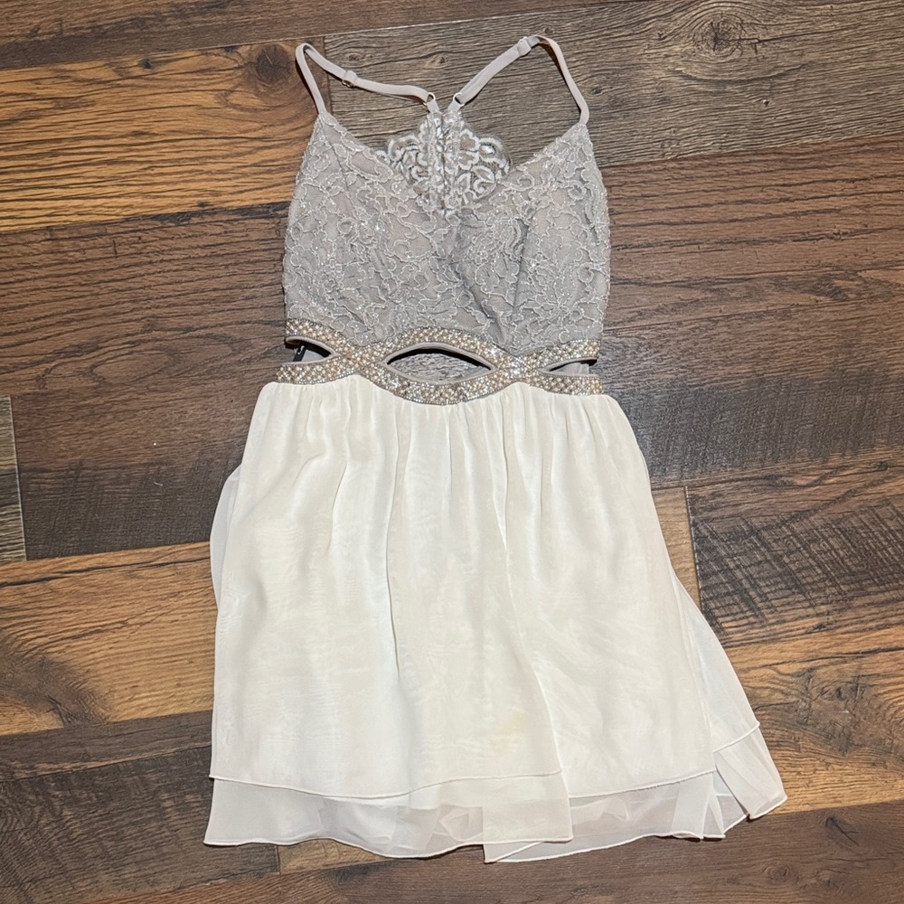 Speechless Gray and White Lace Mini Dress